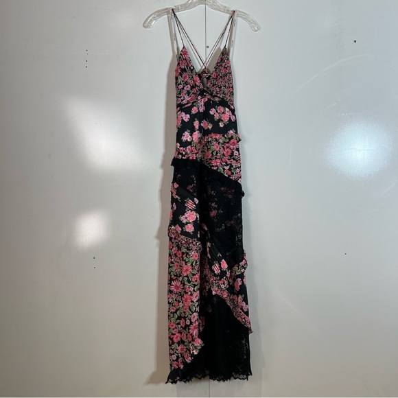 For Love & Lemons Rosalyn Pink Floral Ruffled Bohemian Formal V Neck Maxi Dress - Picture 7 of 15